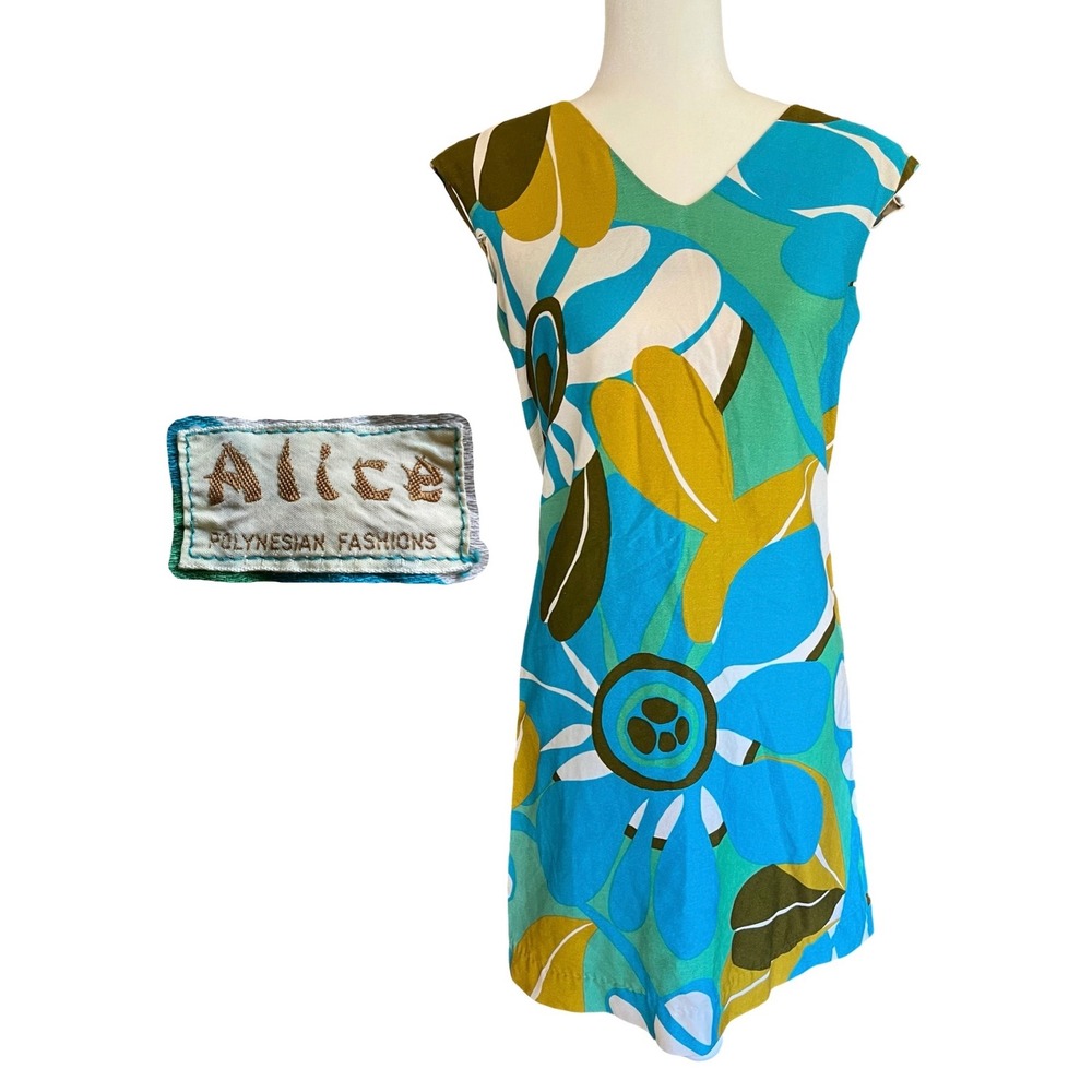 VTG 60s Alice Polynesian Floral Shift Tiki Mod Dress Blue Green Barkcloth Aloha